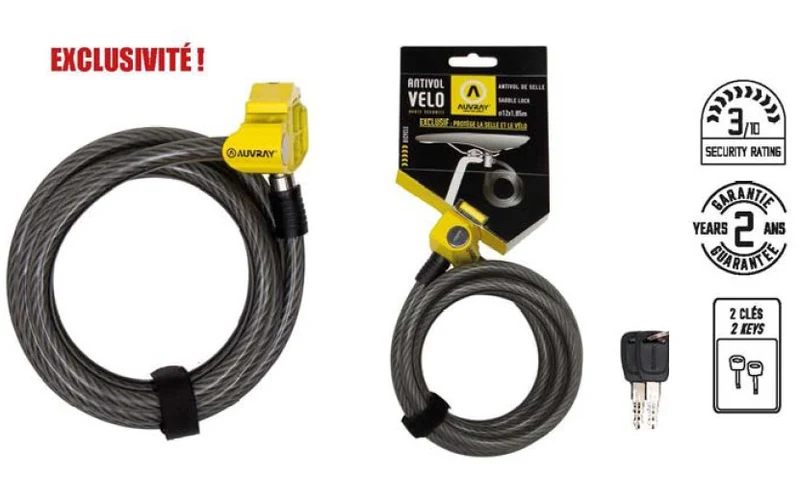 Antivol selle et vélo Auvray S.Lock – Ø12 mm x 150 cm – Avec 2 clés fraisées – Exclusivité modèle déposé