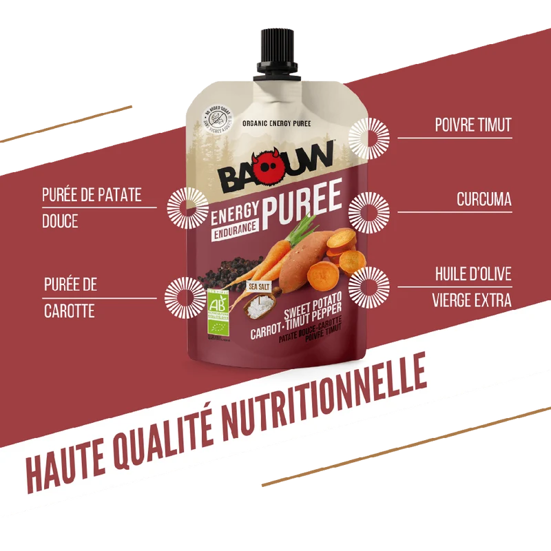 Purée Energétique BAOUW Bio Recette Salée Patate Douce/Carotte/Poivre (90g)