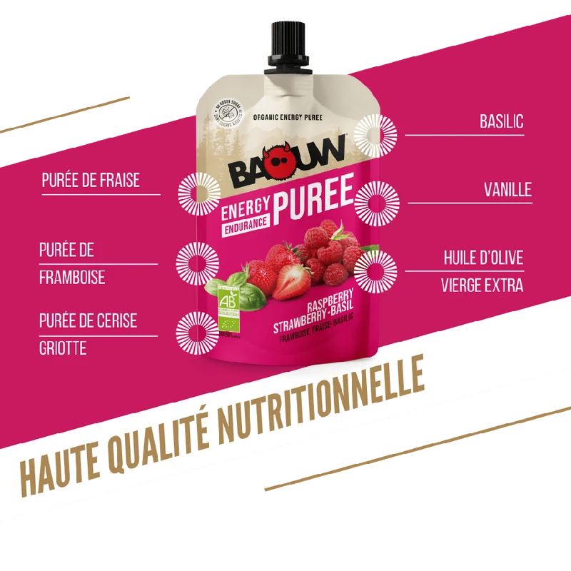 Purée Energétique BAOUW Bio Recette aux Fruits Framboise/Fraise/Basilic (90g)