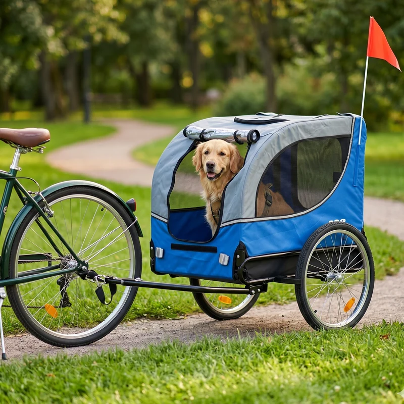 Fietskar Hond Blauw Hondenfietskar met Reflectoren – Blauw – Fietsaanhanger tot 30kg