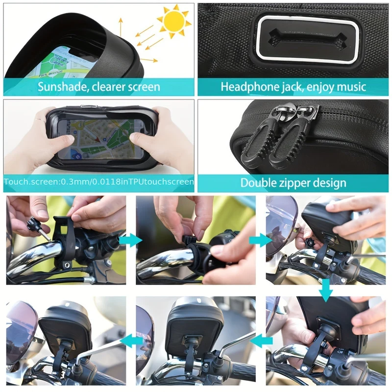 Telefoonhouder Fiets Motor Waterdicht TPU 360 Graden Draaibaar Stuur Navigatie Tas Universeel 4.5 tot 6.4 Inch | Sansoti