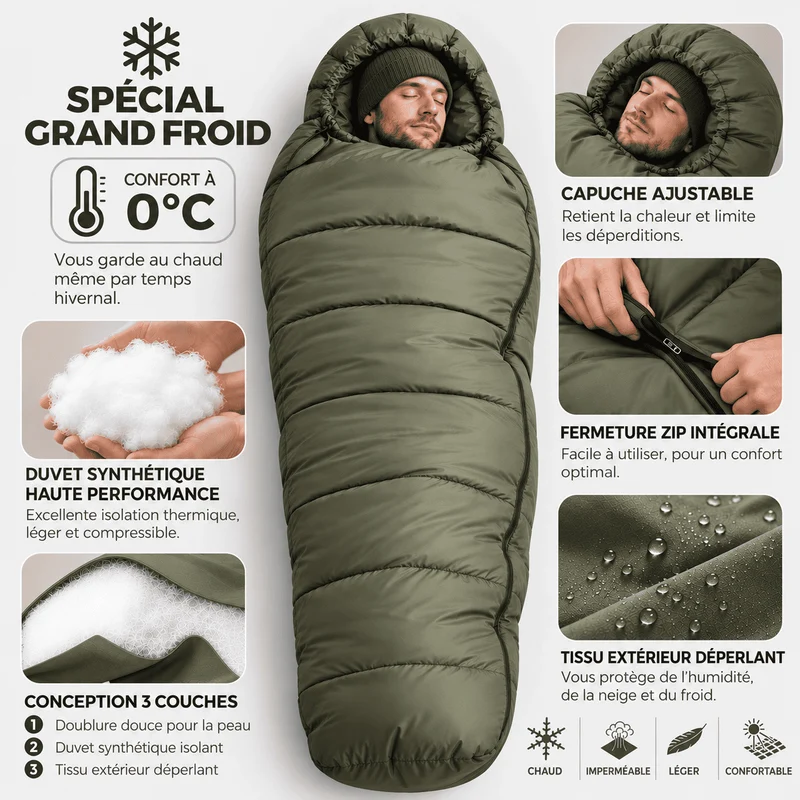 Sac de Couchage 0 degré Hiver Bivouac, Trekking & Bikepacking | Imperméable & Léger