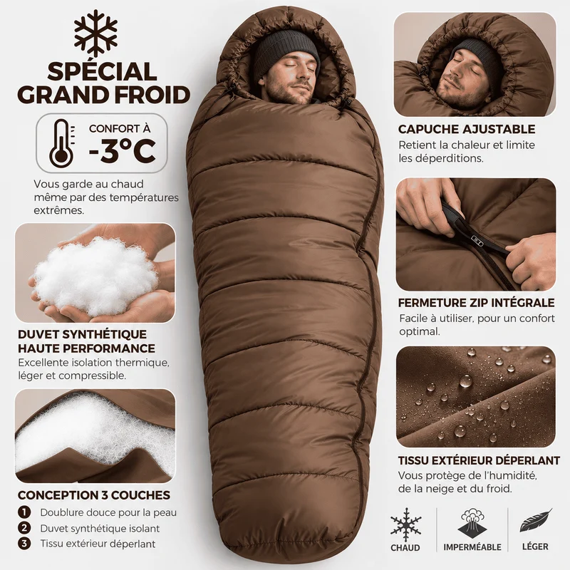Sac de Couchage Grand froid extrême Bivouac, Trekking en montagne | Imperméable -3°C
