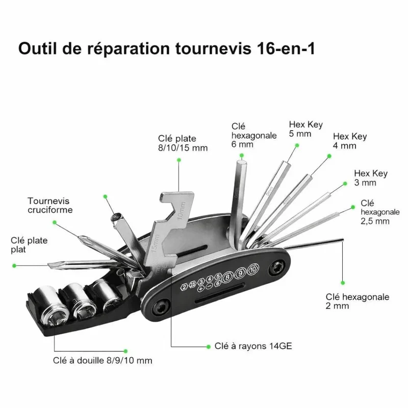 Kit de réparation vélo 16 en 1 avec démonte-pneus