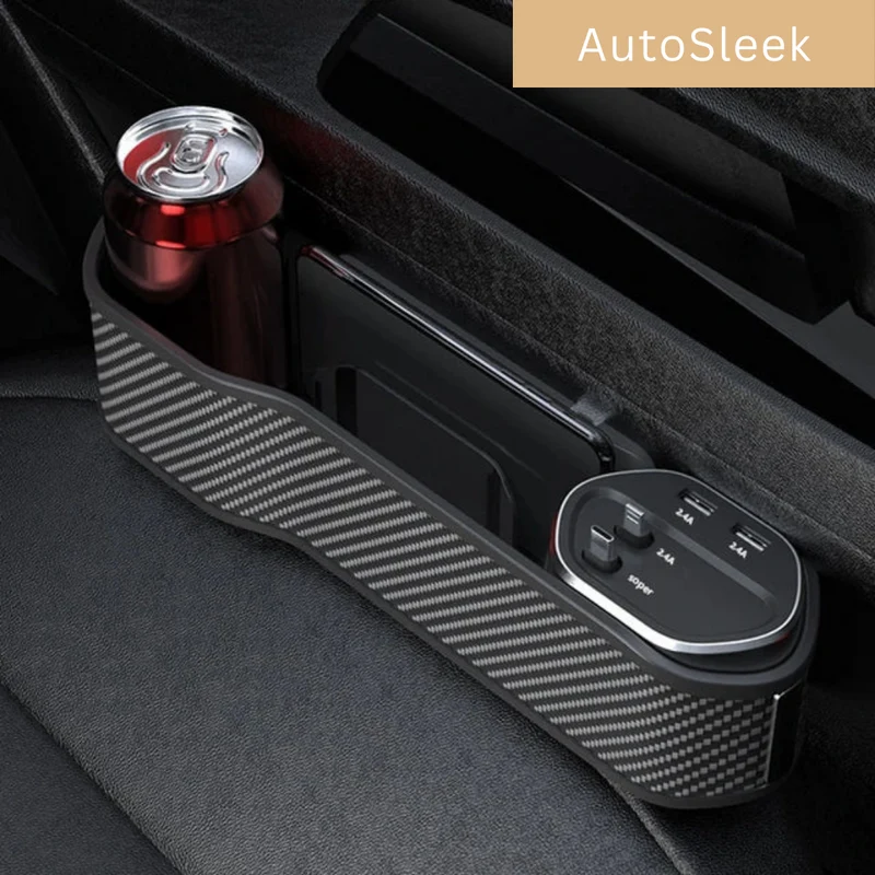 Multifunctionele Auto Organizer met Bekerhouder en Dubbele USB-Oplaadpoorten – Ruimtebesparend Opbergsysteem voor tussen Autostoelen | Sansoti