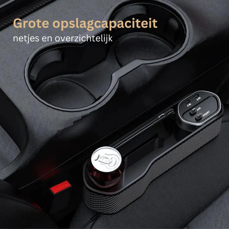 Multifunctionele Auto Organizer met Bekerhouder en Dubbele USB-Oplaadpoorten – Ruimtebesparend Opbergsysteem voor tussen Autostoelen | Sansoti