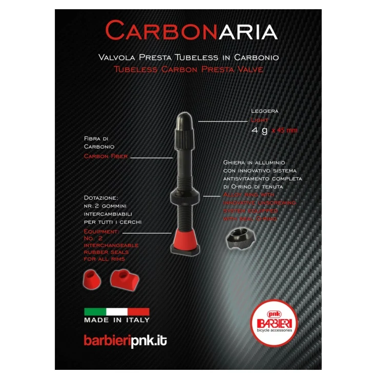 Paire de valves tubeless Presta en carbone Carbonaria Barbieri