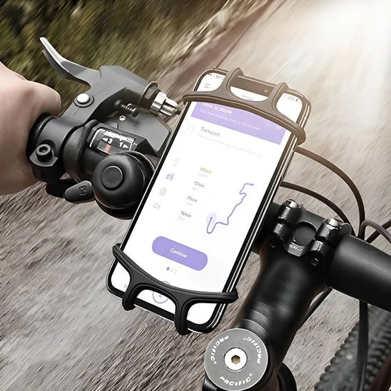 Support téléphone vélo universel silicone — compatible tous guidons, GPS et poussettes