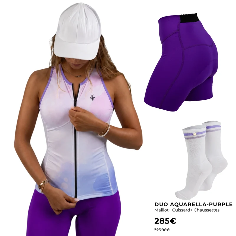 Tenue vélo femme Aquarella Purple – Débardeur, cuissard & chaussettes