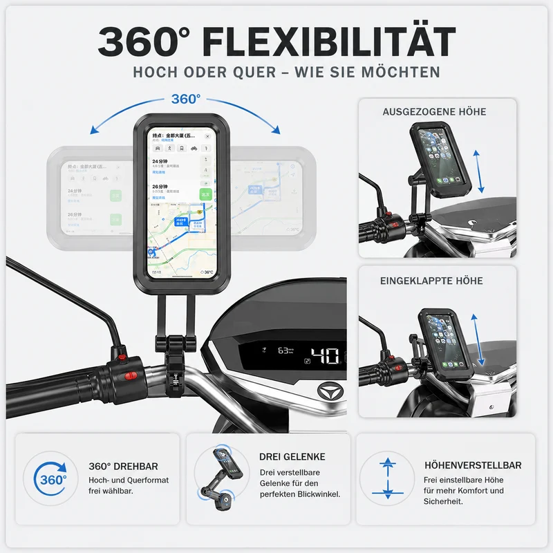 Smartphone Houder Motorfiets Waterdicht 360° Draaibaar Fiets Telefoonhouder Stuurmontage Universeel Zwart | Sansoti