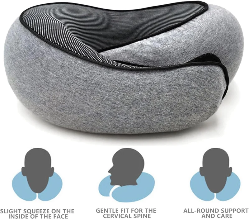 Nekkussen Memory Foam U-Vorm Reiskussen Ergonomisch Verstelbaar Comfort Slapen Onderweg Vliegtuig Auto Grijs | Sansoti