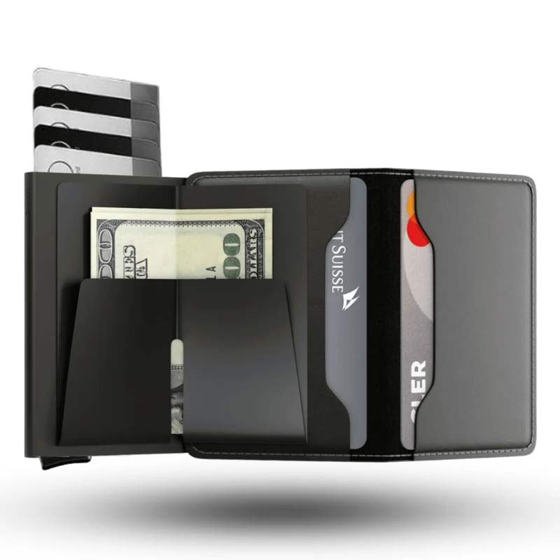 Portemonnee Leer Slim RFID Blokkering 14 Kaarten Aluminium Drukknop Handgemaakt Premium | Sansoti