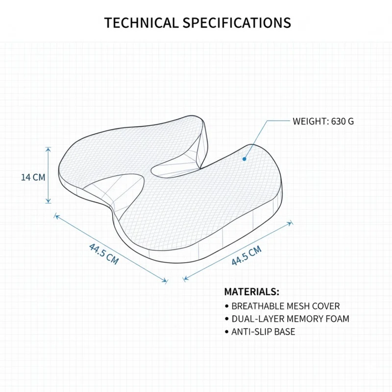 Ergonomisch Zitkussen Memory Foam Ademend Antislip Wasbaar Hoes Kantoor Auto Rolstoel 44x14cm | Sansoti