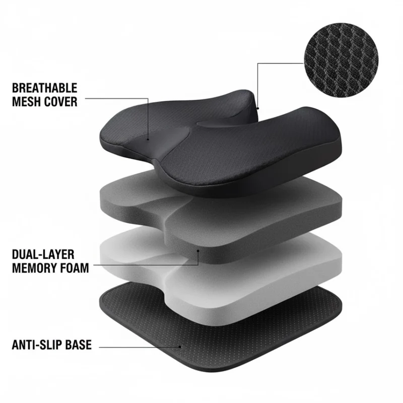 Ergonomisch Zitkussen Memory Foam Ademend Antislip Wasbaar Hoes Kantoor Auto Rolstoel 44x14cm | Sansoti