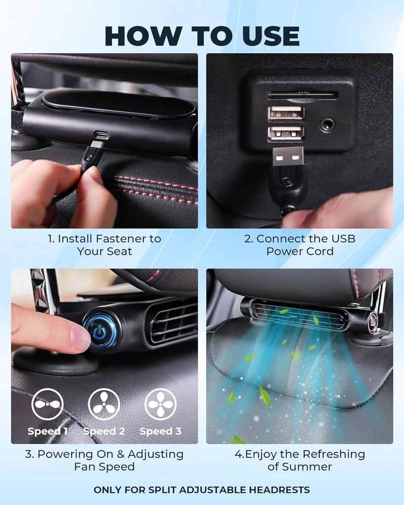 USB-Autoventilator voor Hoofdsteun 3 Snelheden Verstelbaar voor Voor- en Achterpassagiers Bladeloos Veilig Stil Compact | Sansoti