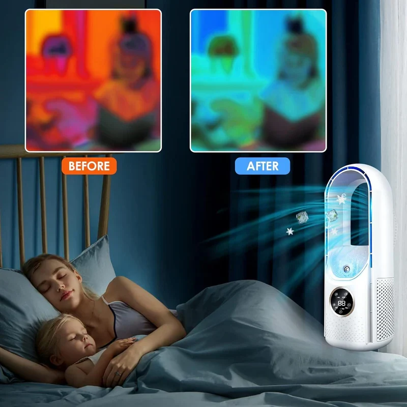 Draagbare Bladeloze Luchtbevochtiger met Stille Werking voor Thuis en Kantoor – Compact USB Koelventilator met 6 Snelheden en Timer – Energiezuinige Persoonlijke Airco voor Werkplek en Slaapkamer | Sansoti
