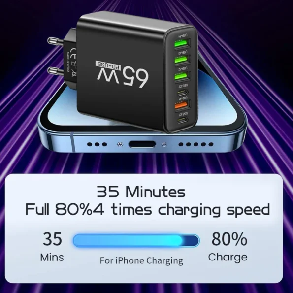 Universele USB Oplader 65W 6 Poorten Zwart Wit Geel Multidevice voor Kantoor Thuis Reis | Sansoti