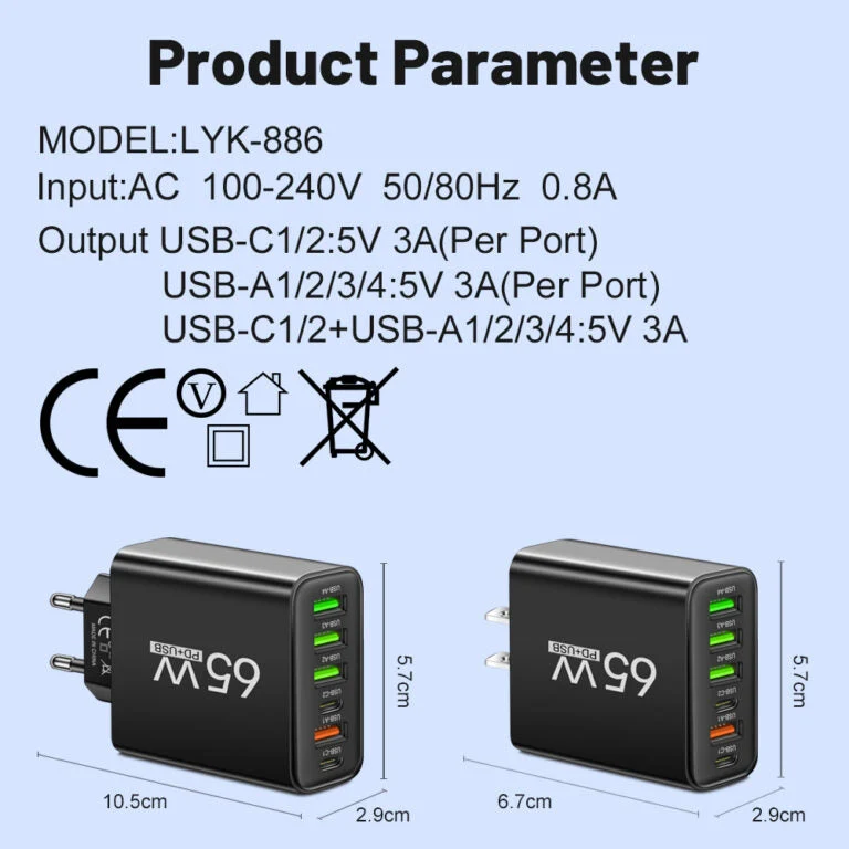 Universele USB Oplader 65W 6 Poorten Zwart Wit Geel Multidevice voor Kantoor Thuis Reis | Sansoti