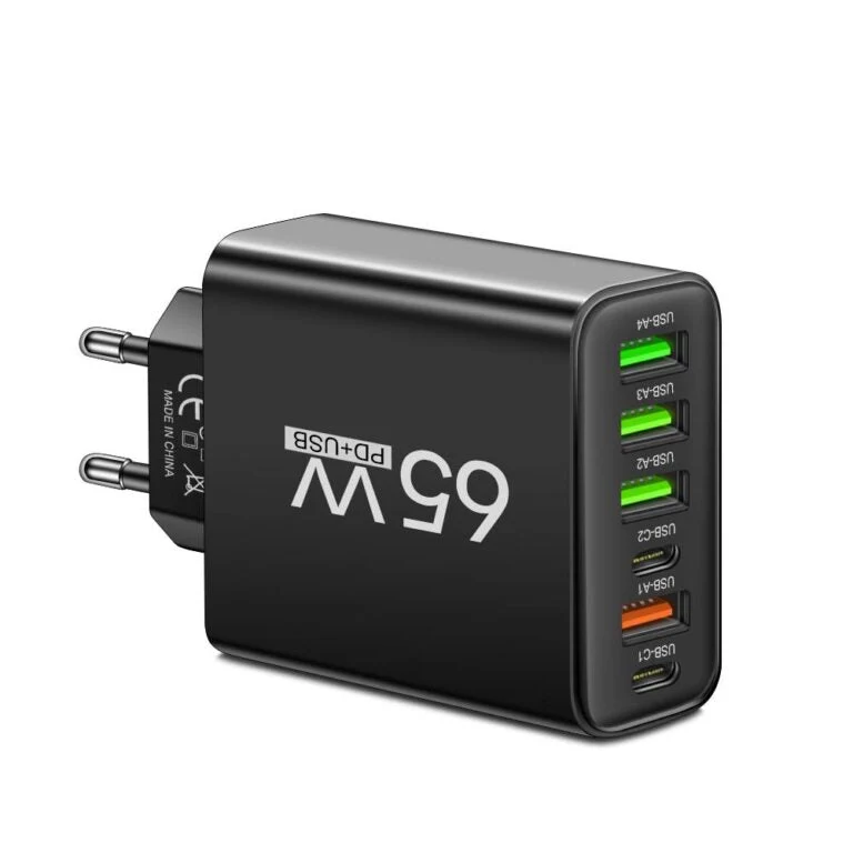 Universele USB Oplader 65W 6 Poorten Zwart Wit Geel Multidevice voor Kantoor Thuis Reis | Sansoti