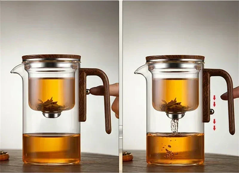 Glazen Theepot met Magnetisch Filtersysteem 520ml-720ml Borosilicaatglas Afneembare Zeef Houten Handvat Losse Thee Infuser Koffiekan | Sansoti